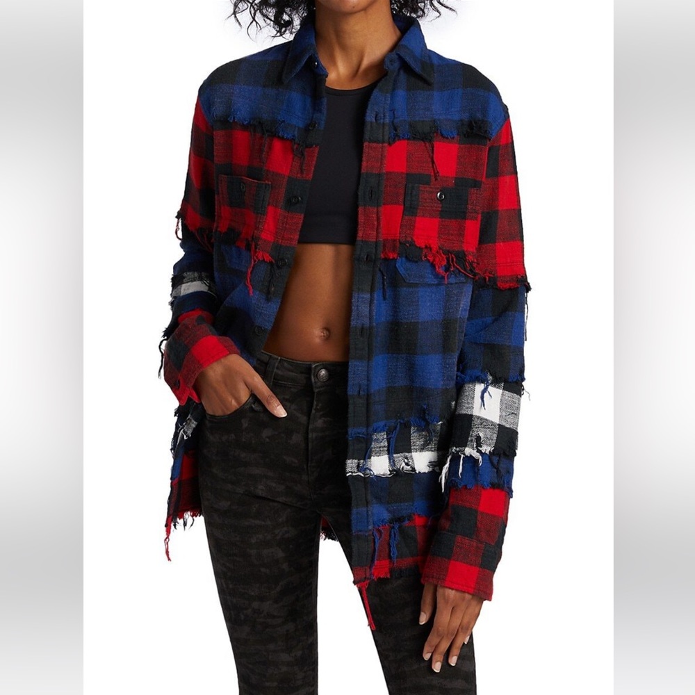 R13 Drop Neck Plaid Mixed Media Combo Work Shirt SZ small NWOT retail 595